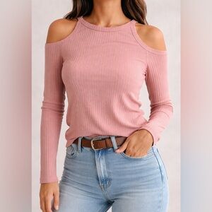SHEIN Ribbed Cold Shoulder Long Sleeve Top Blush Pink